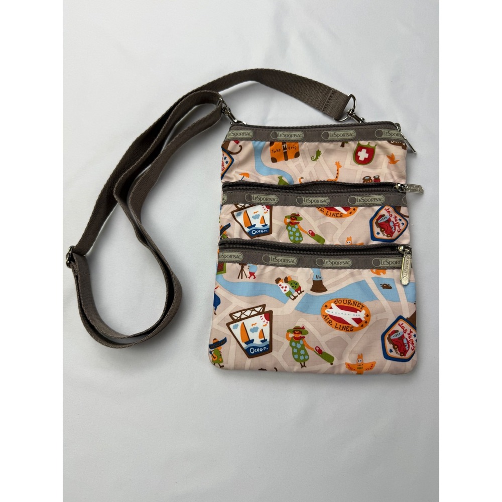 LeSportsac 3-Zip Crossbody Bag Around the World Map Print Travel Nylon Pouch